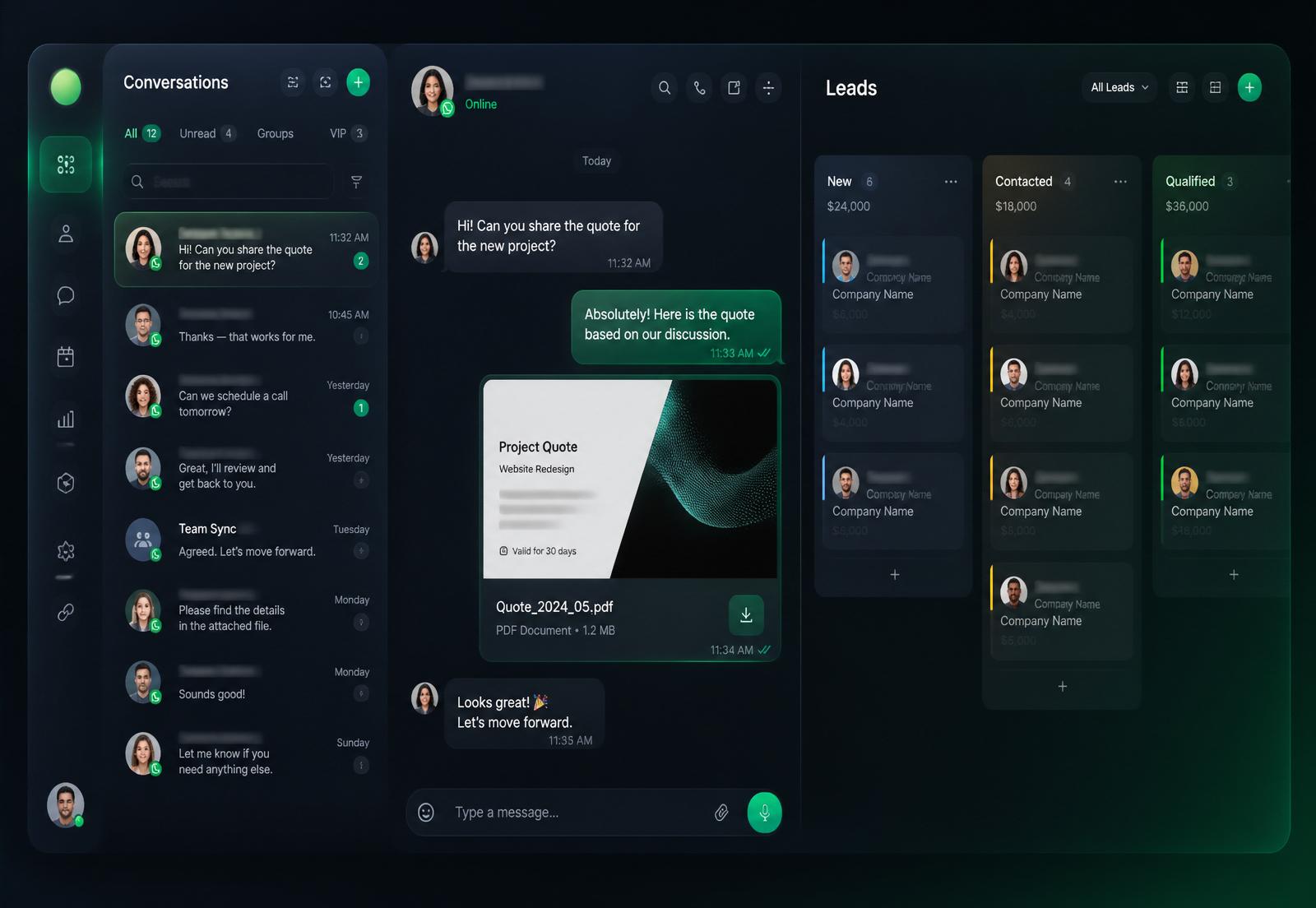 Panel de Rockit CRM mostrando conversaciones de WhatsApp, cotización PDF y pipeline de leads